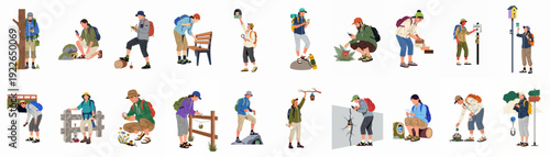 Diverse people engaged in outdoor geocaching adventures, using GPS and maps to discover hidden caches and explore nature and urban environments.