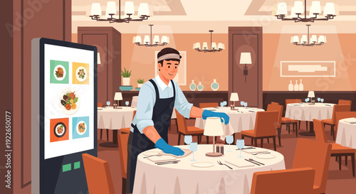 Waiter in face shield and gloves cleaning table in restaurant.