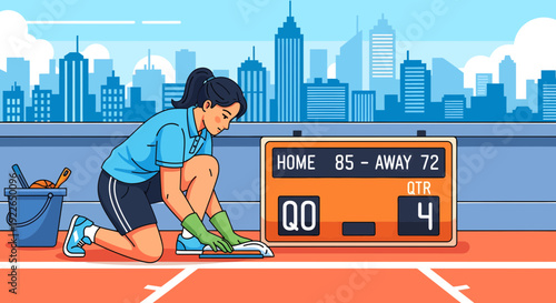 Woman cleaning a scoreboard on a sports court.