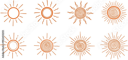 A captivating collection of eight sun icons, each meticulously crafted with unique line art designs, radiating warmth and creativity isolated on white background