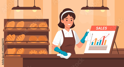 Female baker analyzing sales data in her bakery.