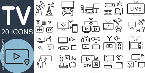 Television and broadcasting thin line icon set for media entertainment and digital display
