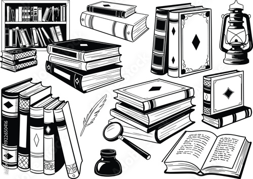 Hand Drawn Vintage Books And Library Vector Set Featuring Antique Hardcovers Bookshelf Magnifying Glass Inkwell Quill And Lantern Isolated Outlines
