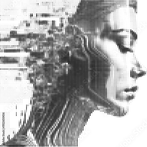 Large vector abstract digital profile of a synthetic female head with a transparent background