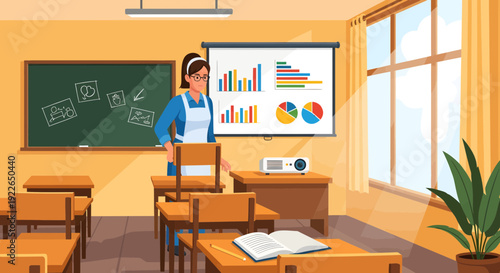 Female teacher presenting data charts in a modern classroom setting.