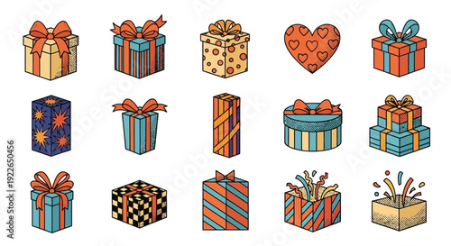 A collection of colorful hand-drawn gift boxes and presents with bows and patterns, some open with confetti.