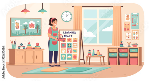 Female teacher presenting learning chart to students in classroom.