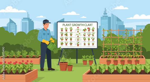 Gardener Explaining Plant Growth Chart in Urban Garden.
