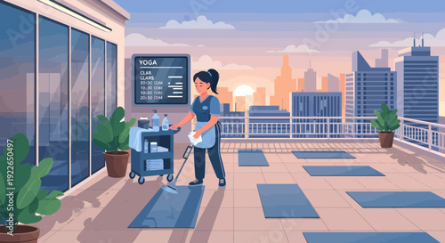 Housekeeper cleaning yoga mats on a rooftop terrace.