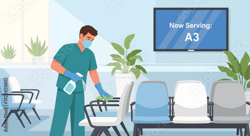 Medical professional cleaning chairs in a waiting room.