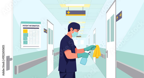 Medical professional cleaning hospital surfaces.