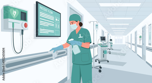 Medical professional disinfecting hospital hallway railing.
