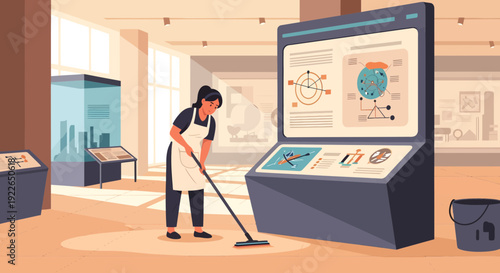 Museum cleaner diligently mops floor near interactive exhibit.