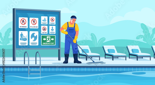 Pool cleaner diligently maintaining the swimming pool area.