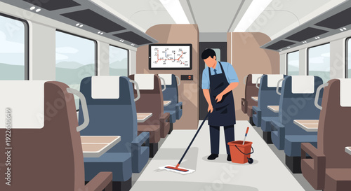 Professional cleaner diligently mops the floor of a train carriage.