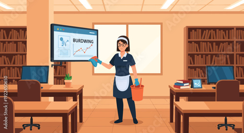 Professional cleaner diligently tidies a modern office environment.