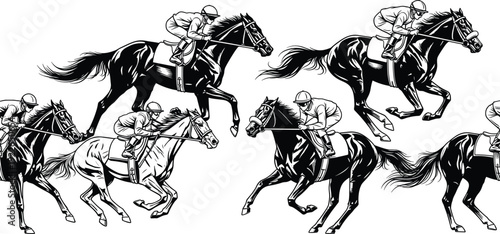 Horse racing engraving collection jockey riding racehorse vintage vector illustration set