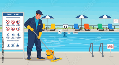 Professional pool cleaner diligently maintaining a pristine swimming pool.
