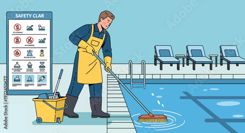 Professional pool cleaner diligently maintaining aquatic facility hygiene.