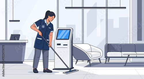 Professional cleaner mopping floor in modern office environment.