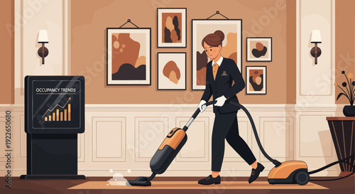 Professional housekeeper vacuuming a luxurious hotel lobby.