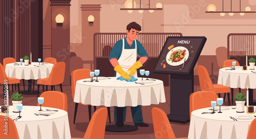 Restaurant worker cleaning table with gloves and spray bottle.