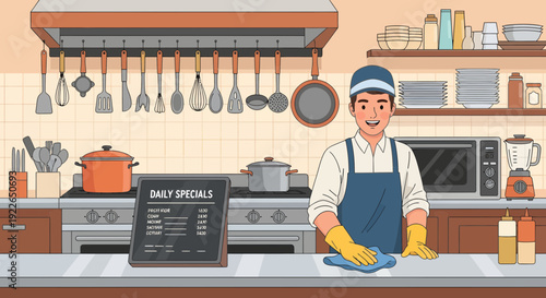 Smiling male chef cleaning kitchen counter with a cloth.