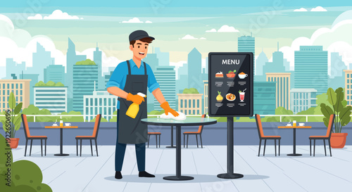 Smiling male waiter cleaning table at outdoor cafe.