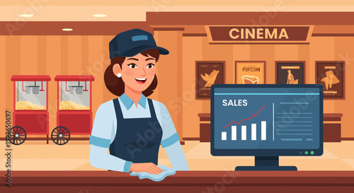 Smiling female cinema employee in uniform with sales monitor.