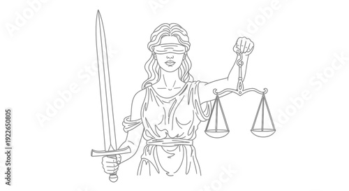 Lady Justice Themis Outline with Blindfold Sword and Scales on Isolated White Background