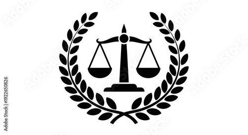 Scales of Justice with Laurel Wreath Symbol on Isolated White Background