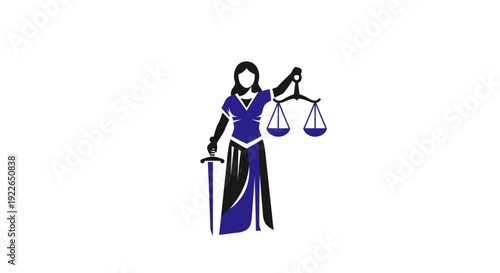 Lady Justice Themis Holding Sword and Scales Symbol in Blue and Black on Isolated White Background