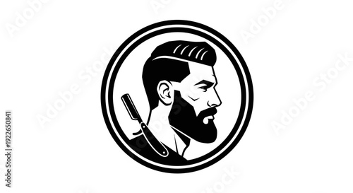 Stylish Bearded Man Profile with Razor in Circle Barbershop Logo on Isolated White Background