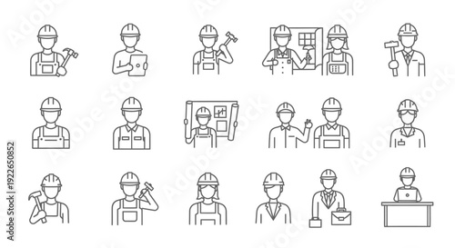 Comprehensive Set of Line Icons for Construction Professionals and Workplace Scenes, isolated white background.