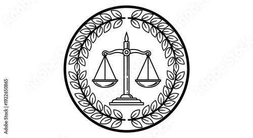 Scales of Justice with Laurel Wreath Icon, isolated white background.