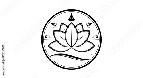 Lotus Flower with Meditating Figure Icon in Circle, isolated white background.