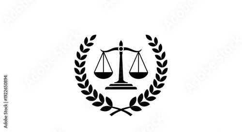 Scales of Justice with Laurel Wreath Emblem, isolated white background.