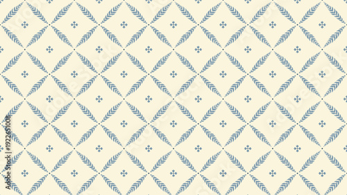 Elegant cream background with a repeating blue leaf and flower diamond pattern. Classic Mediterranean or Portuguese tile style for interior design.