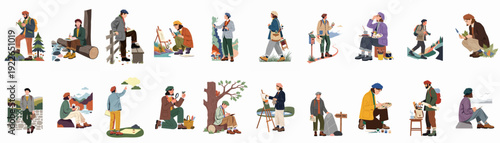 Nature exploration and artistic pursuits: A collection of diverse individuals engaging in outdoor drawing, painting, observation, and creative hobbies in natural landscapes.