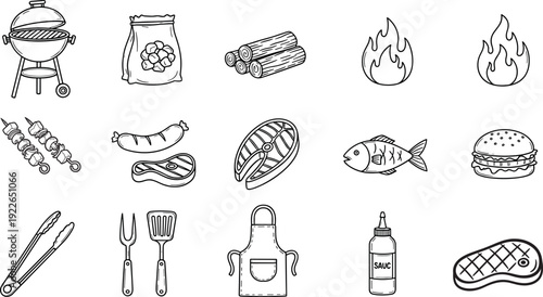 BBQ and Grill Outline Icon Set ? Hand Drawn Vector Collection with Grill, Meat, Fire, Tools and Barbecue Food Elements