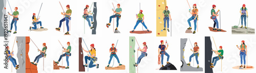 Dynamic collection of diverse illustrations featuring men and women rock climbing and rappelling, showcasing various poses, climbing walls, natural rocks, and essential safety equipment.