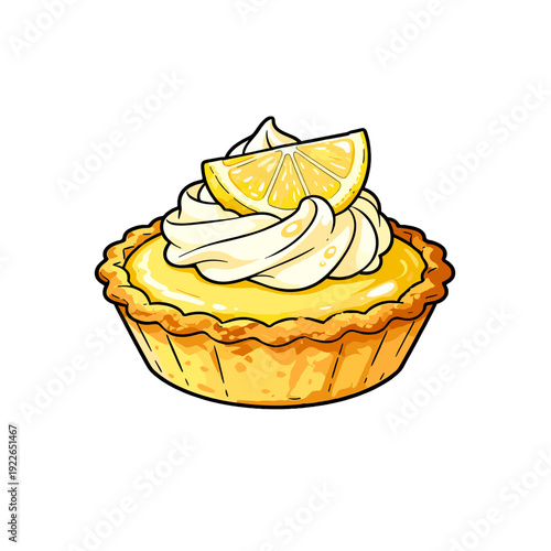 [Vector EPS]Delicious lemon tart with whipped cream and lemon slice on top