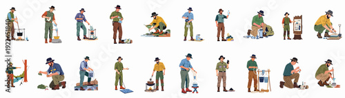 Men demonstrate essential wilderness survival skills: purifying water, foraging, cooking, and utilizing outdoor gear for self-reliance and preparedness in nature.