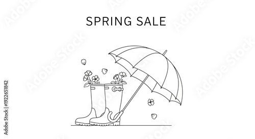 Spring Sale Announcement with Boots, Flowers, and Umbrella Illustration