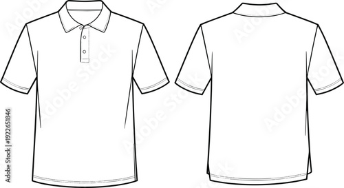 Detailed polo shirt outline template with front and back views, blank apparel vector mockup isolated on white background