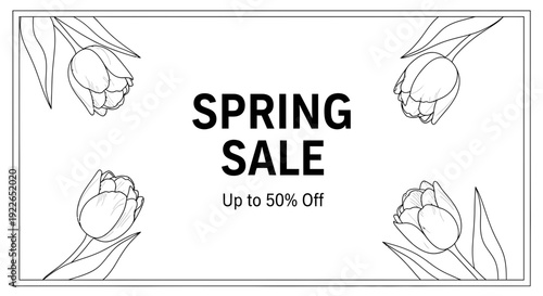 Spring Sale Banner with Tulip Illustrations and Discount Offer