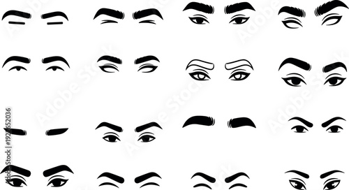 Eye and Eyebrow Shape Silhouette Vector Set ? Black Flat Icon Collection with Various Brow Styles and Eye Expressions