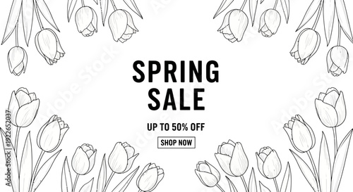 Spring Sale Banner with Tulip Illustrations, Up to 50% Off
