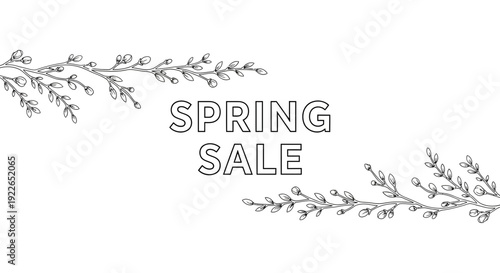 Spring Sale Banner with Twigs and Leaves - Hand Drawn Vector Illustration