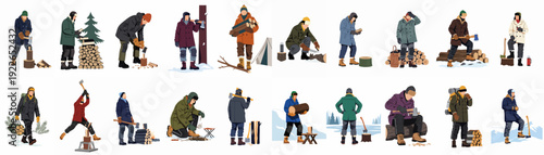 Illustrations of people processing firewood during winter, featuring axes, saws, and stacked logs for warmth and outdoor living.
